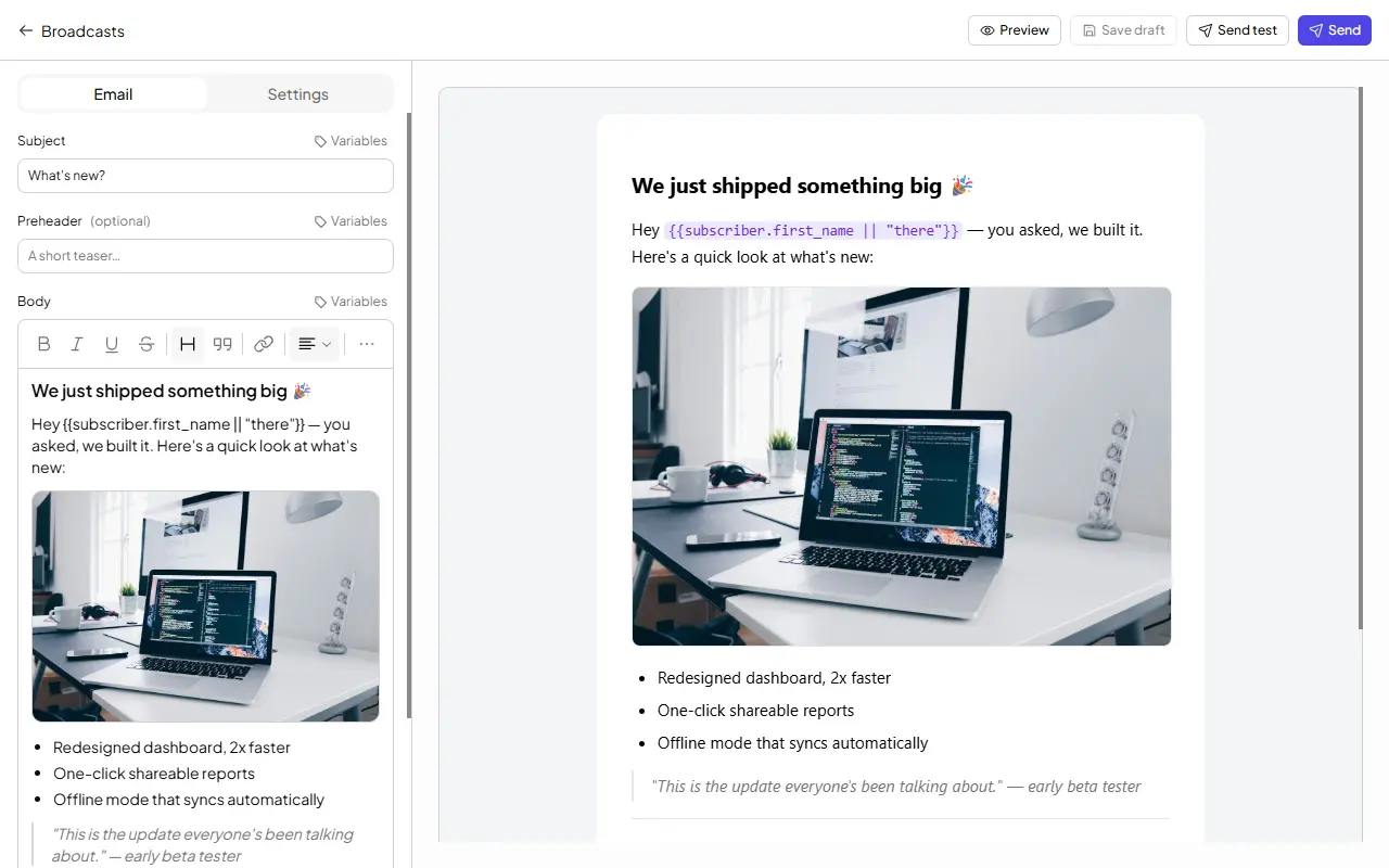 The GetWaitly broadcast composer with a rich-text email preview