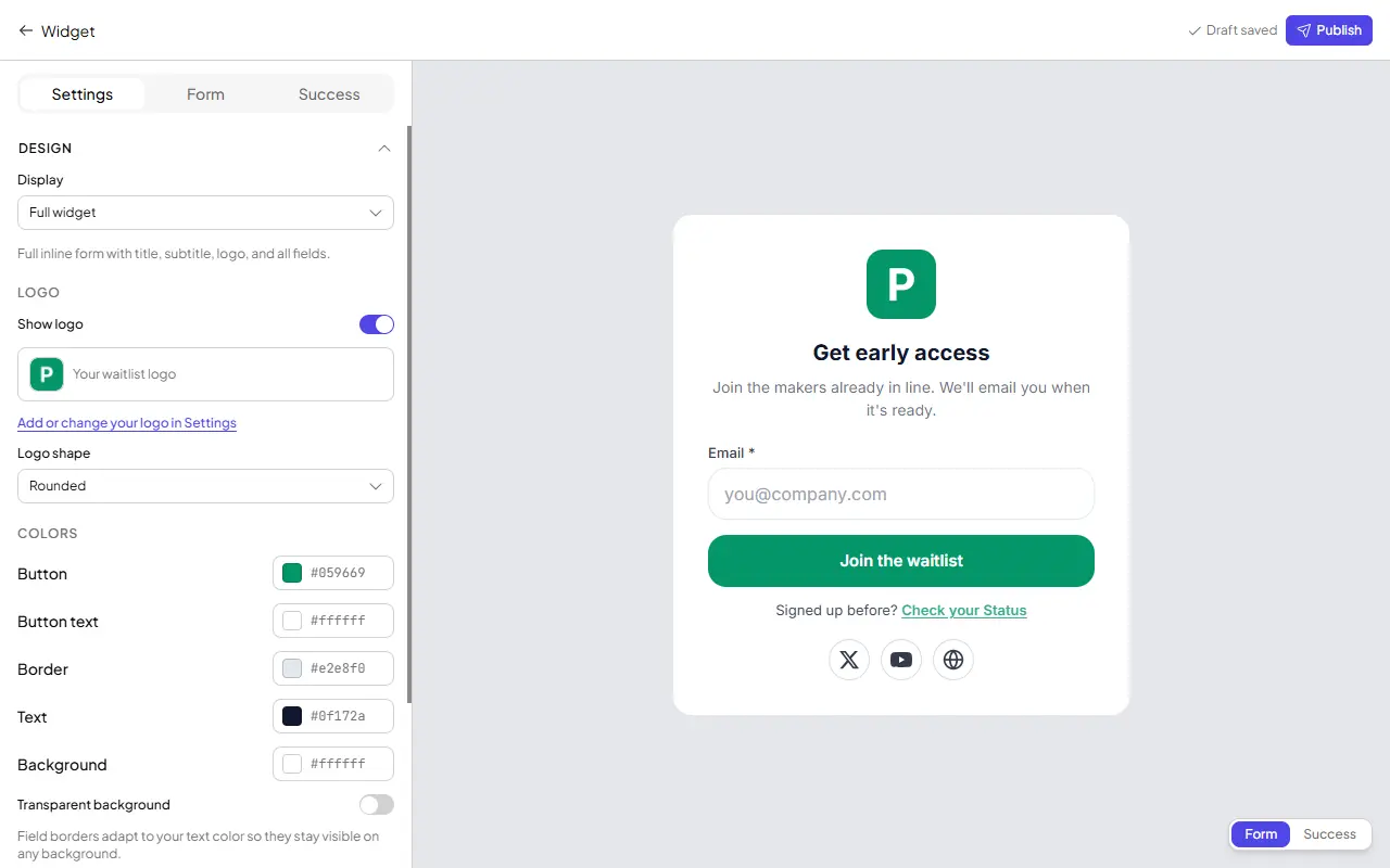 The GetWaitly widget editor with branding controls and a live preview