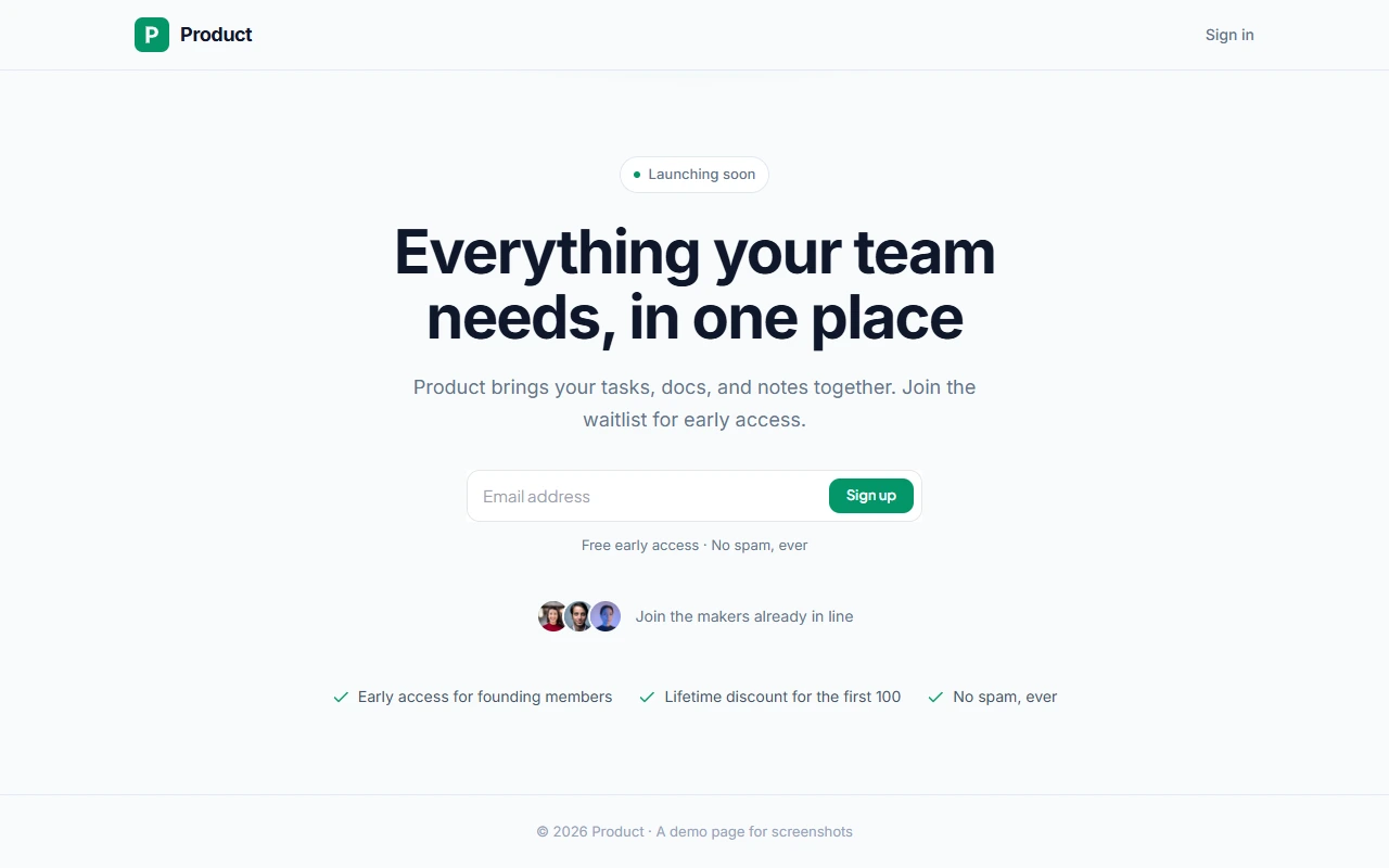 A landing page with the GetWaitly signup widget embedded