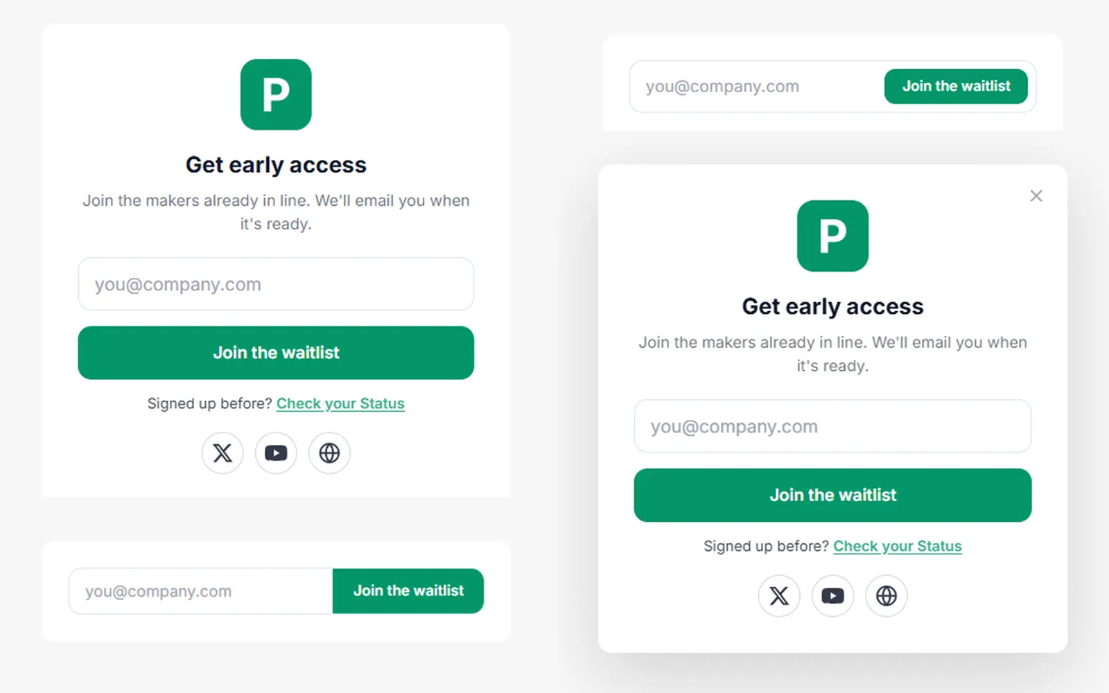 The GetWaitly widget in full, mini, docked, and popup styles